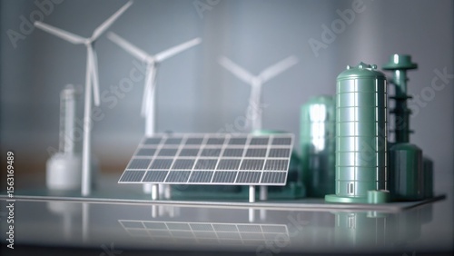 Wallpaper Mural A model of a renewable energy plant featuring solar panels, wind turbines, and storage tanks on a reflective surface. Torontodigital.ca