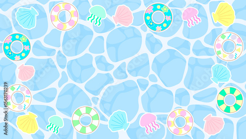 海の水面に浮き輪と貝殻とクラゲをあしらった夏のイメージのイラスト背景素材