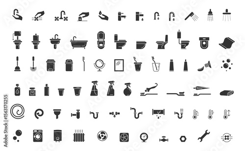 Collection of black  white bathroom, sanitary, and plumbing icons. Useful for web design, infographics, and architectural plans. Symbolizing hygiene and utilities.