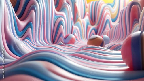 Abstract Candy Landscape with Striped Waves and Spheres Animation