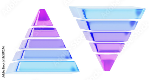 Fototapeta Naklejka Na Ścianę i Meble -  3d color glass pyramid and inverted render icon set. Crystal gradient triangle of five levels for business infographic. Network marketing and financial, inverse hierarchy principle. 3D illustration