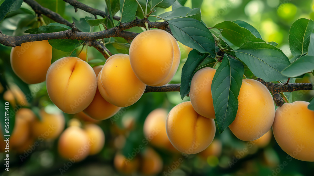 ripe apricots hanging from the branches in an orchard. The fruit is golden yellow with smooth skin and visible seeds on top ripe apricots hanging from the branches in an orchard. The fruit is golden yellow with smooth skin and visible seeds on top