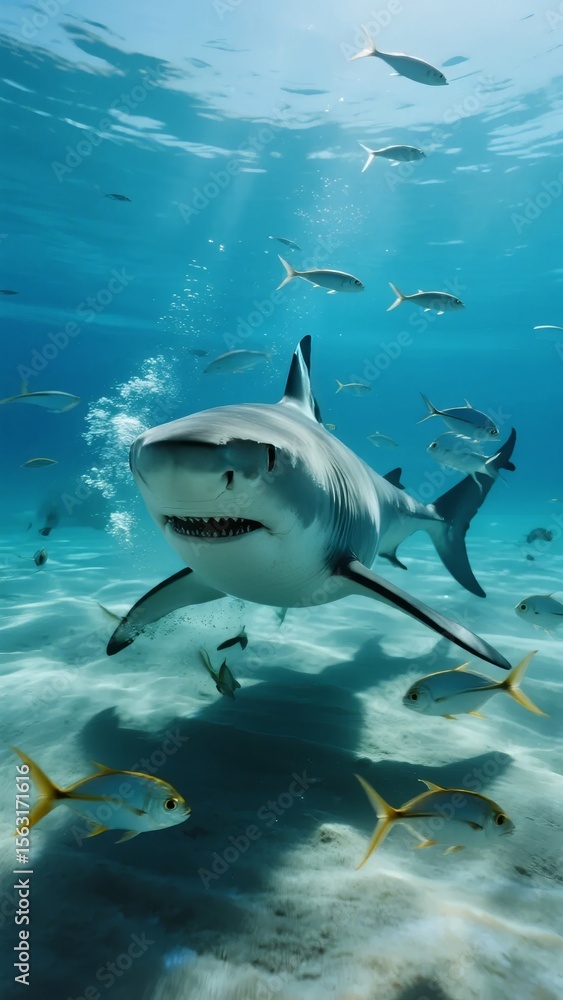 Fototapeta premium A great white shark swims gracefully underwater, surrounded by smaller fish in a sunlit ocean environment.