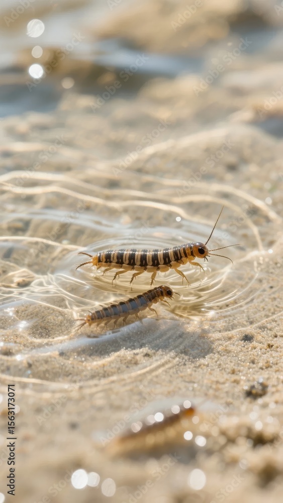 Caterpillars Crawling on Sandy Ground Near Water Caterpillars Crawling on Sandy Ground Near Water