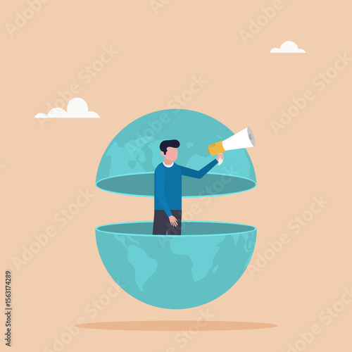 World economic vision of business, work or investment. A character with a megaphone broadcasts from the globe. Flat vector illustration.	