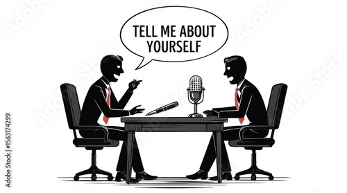 Job interview icon illustration, minimalist black and white stick figure scene with speech bubble and table representing recruitment hiring and professional discussion.