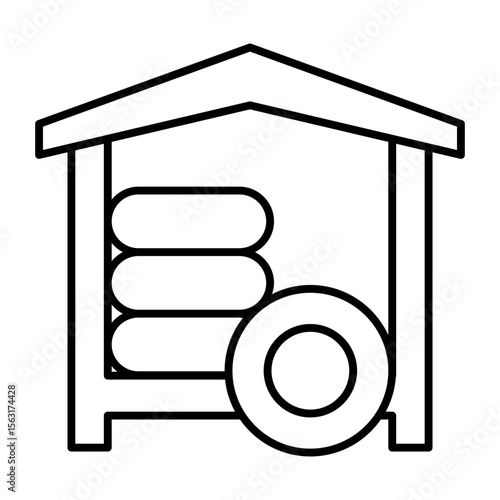 Car wheel waste house thin line icon, tires fitting concept. Vector graphics. Small storage for used tire, car service sign on white background, style mobile or design.