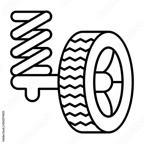 Shock absorber with car wheel thin line icon, tires fitting concept. Vector graphics. Absorber balancing, car service sign on white background, style mobile or design.