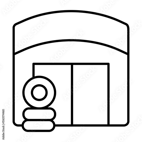 Garage with car tires stack thin line icon, repair service concept. Vector graphics. Small warehouse for auto mechanic staff sign on white background, style mobile or design.