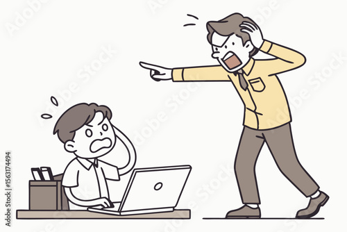 Illustration of a boss shouting at an employee, symbolizing pressure and tension in the workplace. Perfect for HR, corporate, and behavioral concepts.