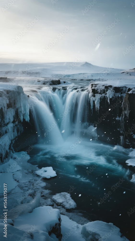 Fototapeta premium Frozen Waterfall Cascading into Icy Pool Under Snowy Sky