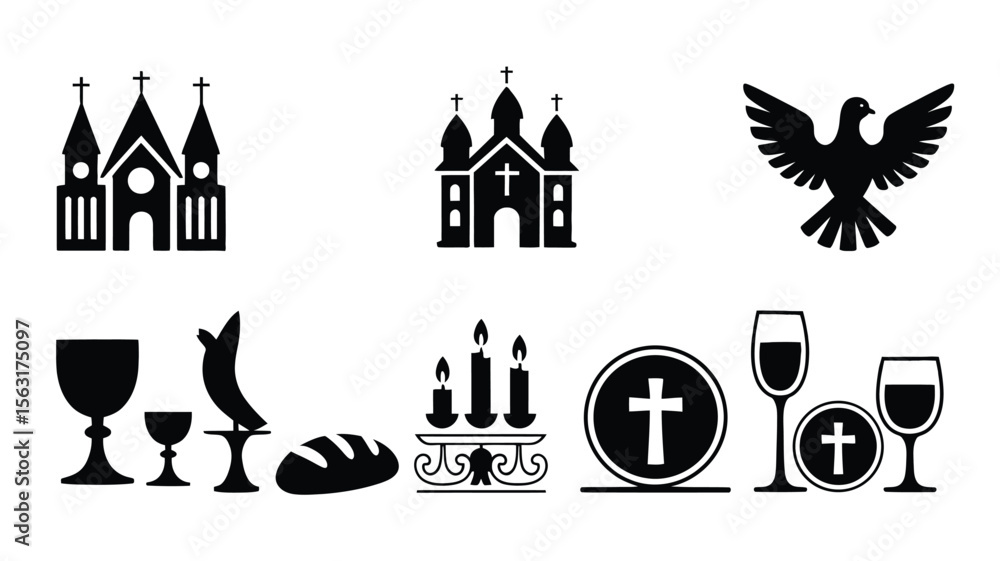 Obraz premium Religious icon silhouette set, minimalist black and white faith and worship symbols designed for spiritual education religious graphics and cultural identity use.