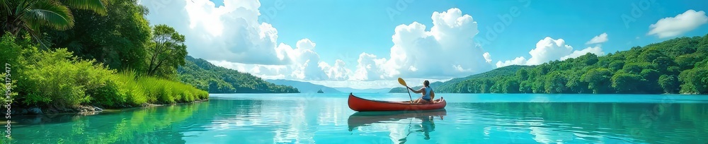 Fototapeta premium Serene Summer Canoe on Calm Lake Lush Greenery, Bright Blue Sky, Peaceful Adventure