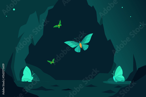 Enchanted Cave Luminescent Butterflies in a Mystical Grotto