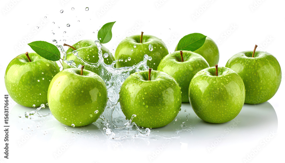 Obraz premium Water splashes on bright green apples on a white background.