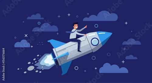 Businessman Riding a Rocket Through a Night Sky: Business Launch. Cheerful businessman riding a soaring rocket through a starry night sky, symbolizing business launch, rapid growth, and innovation.