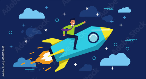 Businessman Riding a Rocket Through Space: Startup Ambition. Cheerful businessman riding a soaring rocket through a starry night sky, symbolizing ambitious startup launch, rapid growth, and innovation