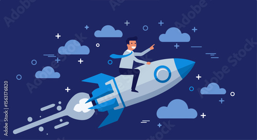 Businessman Riding a Rocket Through a Night Sky: Business Launch. Cheerful businessman riding a soaring rocket through a starry night sky, symbolizing business launch, rapid growth, and innovation.