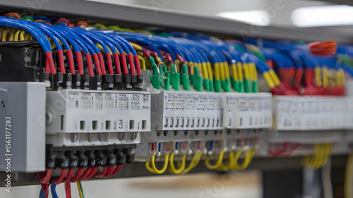 Modern electrical panel with colorful wires, abstract industrial energy in motion