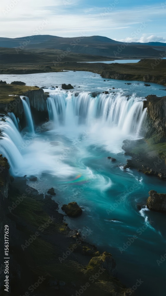 Fototapeta premium Spectacular Waterfall Cascading into a Turquoise River with Surrounding Rocky Terrain