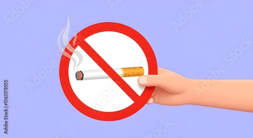 No smoking concept hand holding cigarette with red prohibition sign on purple background
