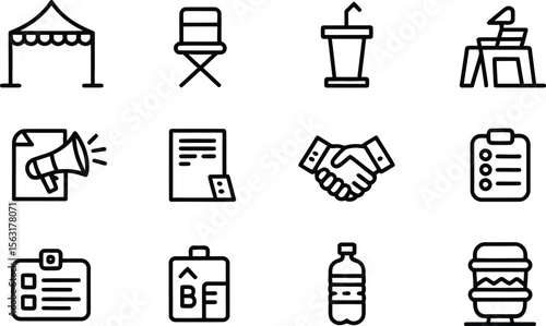 Event Planning and Logistics Icons Featuring Tents, Chairs, and Handshakes