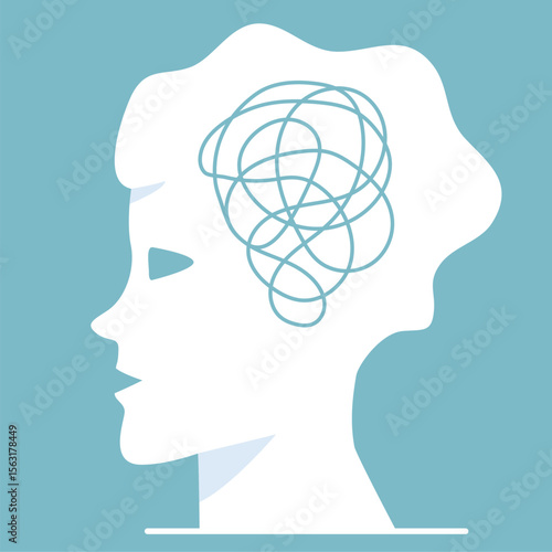 Woman mental health concept.Head with messy thoughts.Emotional burnout and other psychological problems. Depressed people with mental disorder.Vector illustration.