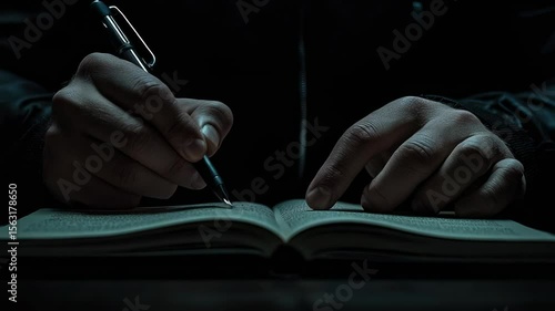 Mysterious Midnight Writer: A Darkly Lit Close-Up of Hands Writing in a Book