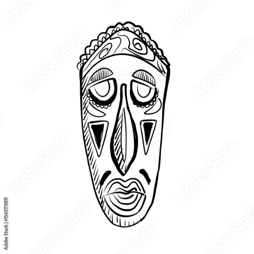 Unique vector illustration of an abstract tribal mask with intricate designs and expressive features.