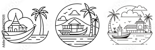 Kerala Backwater Coloring Page - Scenic Nature Line Art Outline for Kids and Adults