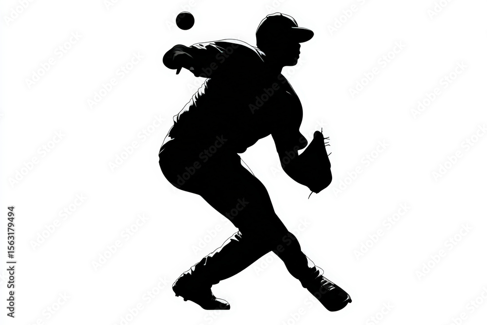Naklejka premium Baseball Pitcher Silhouette. A black silhouette of a baseball pitcher in action, captured in a dynamic, vector style against a white background.