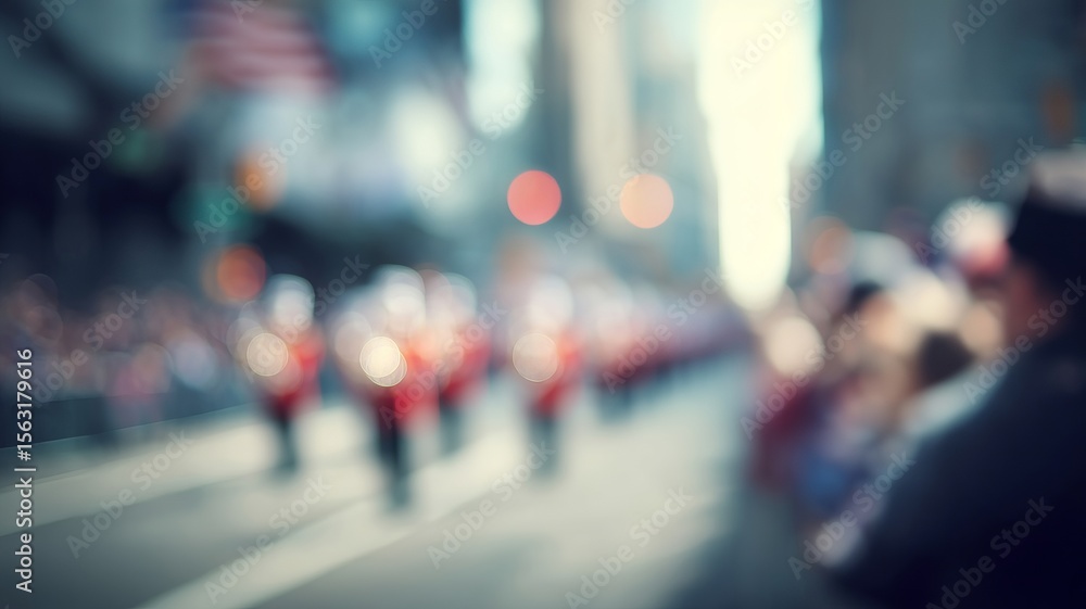 Obraz premium Blurred parade marchers in vibrant splendor, echoing the spirited beats of National Independence Day; urban symphony, communal exuberance