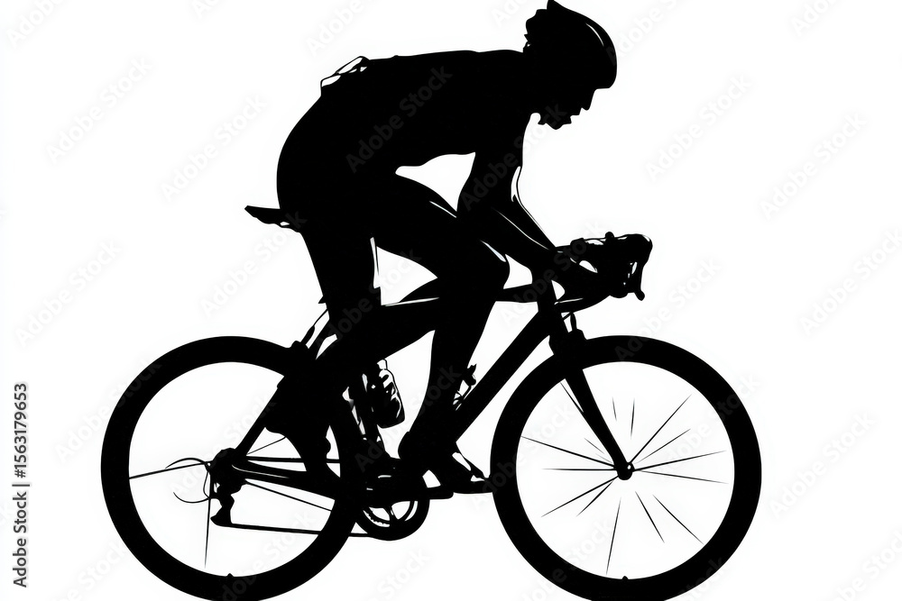 Naklejka premium Cyclist Silhouette in Vector Style. A black silhouette captures a cyclist in a dynamic pose, rendered in vector style against a stark white background.