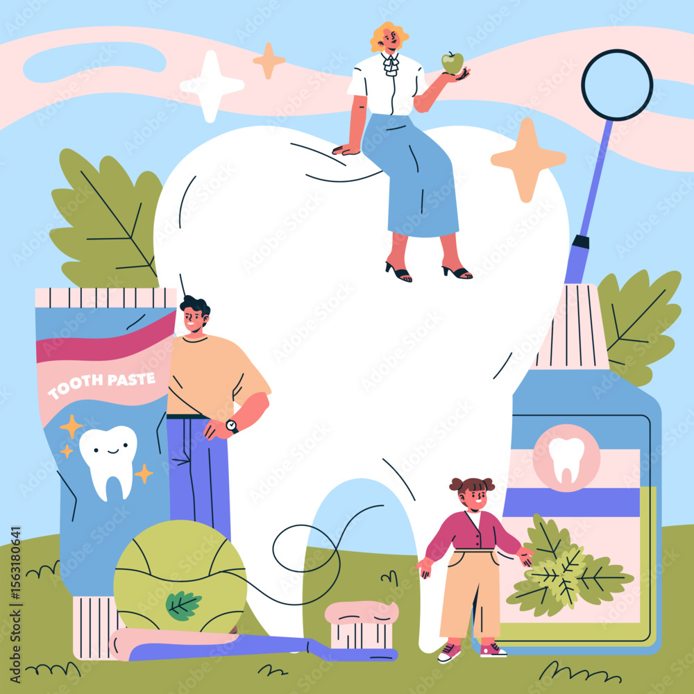 Fototapeta premium Characters with Dental Care Items Vector Illustration