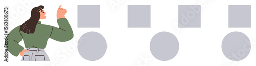 Woman pondering choices while observing a sequential layout of squares and circles. Ideal for decision-making, planning, strategy, problem-solving, organization, prioritization, abstract thinking. A