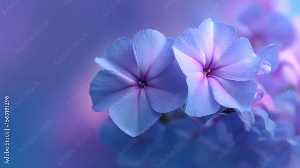 Obraz premium Close-up of two beautiful blue flowers with pink centers. the flowers are in full bloom and are surrounded by a blurred background of other purple flowers.