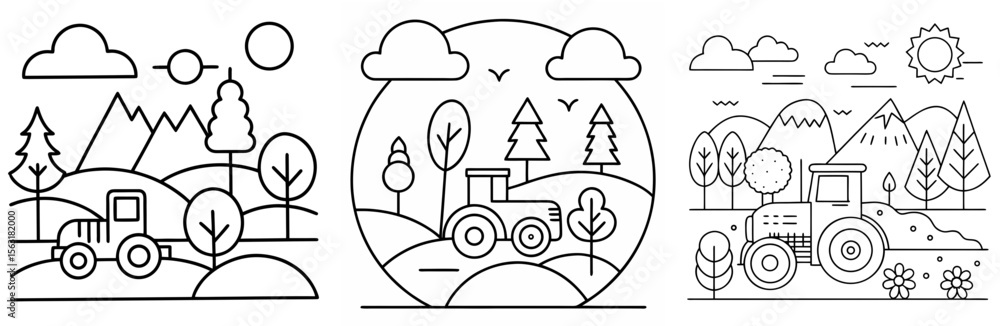 Naklejka premium Nature and Tractor Coloring Page - Farm Landscape Line Art Outline for Kids and Adults