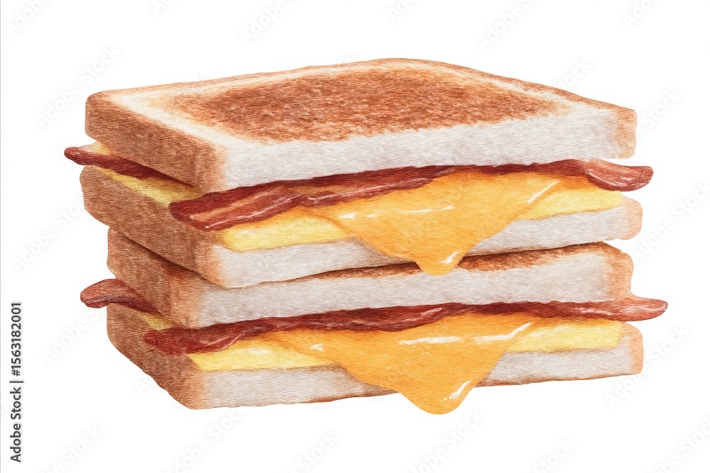 Fototapeta premium Melting cheese cascades between toasted layers of savory bacon sandwiches, evoking National Grilled Cheese Day and indulgent brunch festivities
