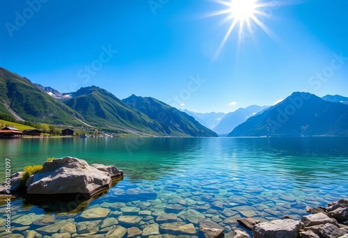 Sun-drenched Champferersee, Silvaplana, Swiss Alps Crystal clear water, majestic mountains,  majestic,  water