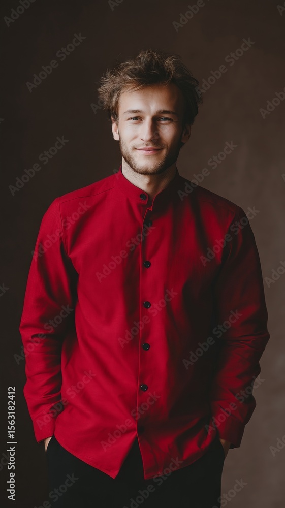 Caucasian male in crimson kurta exudes Diwali warmth, celebrating Festivus with an air of rustic charm Caucasian male in crimson kurta exudes Diwali warmth, celebrating Festivus with an air of rustic charm