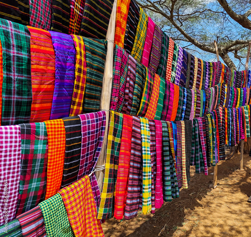 Karamajong (tribe) blankets for sale at the market close to Moroto in Northern Uganda, Africa