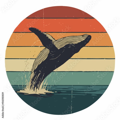 Vintage humpback whale breaching sunset ocean retro style graphic