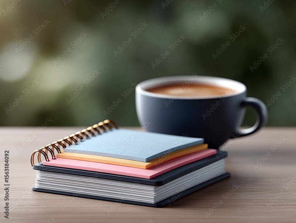 Fototapeta premium Serene workspace scene a cup of coffee rests beside a stack of notebooks and sticky notes.