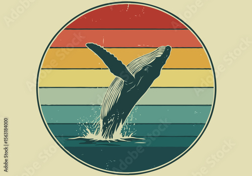 Retro humpback whale breaching in ocean waves with vintage sunset stripes