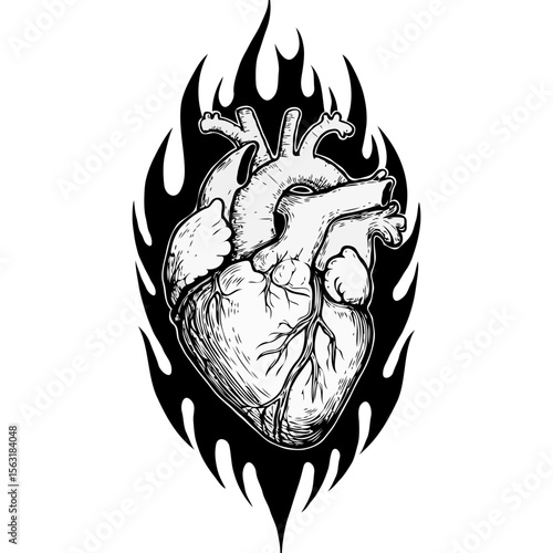 Anatomical heart illustration with black tribal flames and white background