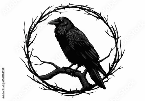 Detailed illustration of a black raven perched on a branch within a thorny circular frame