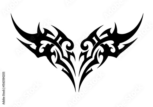 Symmetrical tribal tattoo design with sharp edges and swirling elements