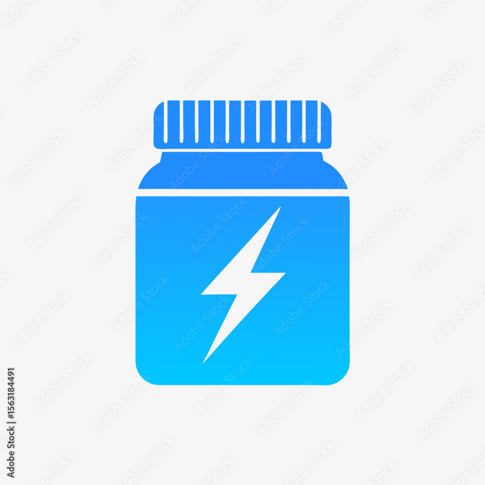 Fototapeta premium Blue supplement jar icon with lightning bolt, energy vitamin container vector isolated on white background