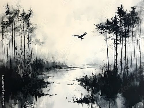 Minimalist Sumi‑e Style Chinese Landscape Painting with Rolling Hills Water Reflections and Delicate Brushwork sunset over the river