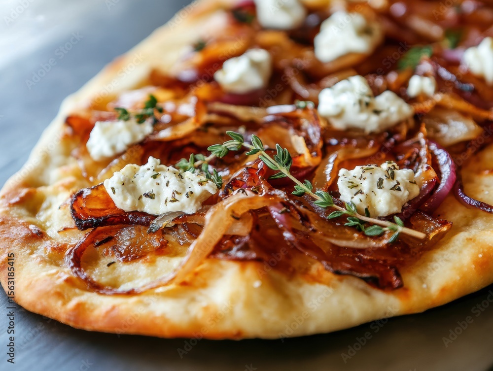 Delicious flatbread topped with caramelized onions and goat cheese served fresh from the oven Delicious flatbread topped with caramelized onions and goat cheese served fresh from the oven